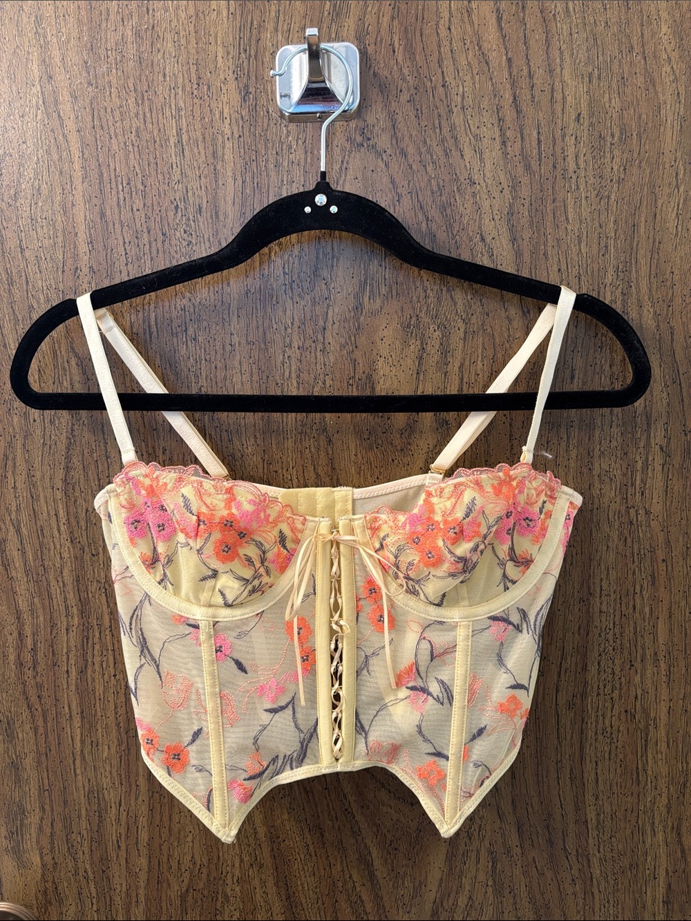 UO Floral Embroidered Bustier Crop Top - Yellow with Pink & Orange Flowers